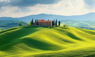 Rolling green hills with a rustic villa under a cloudy sky in Tuscany at sunset hour photo