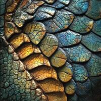 Detailed view of textured scales in gold teal and blue photo