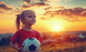 Young girl holding a soccer ball during sunset in a peaceful outdoor setting photo