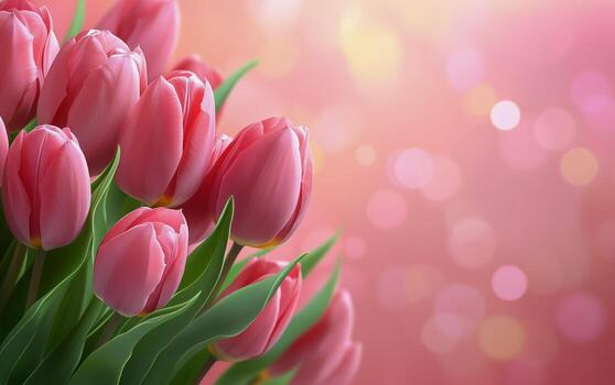 Fresh pink tulips blooming in a vibrant spring garden with a soft bokeh background photo