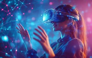Virtual reality experience with a woman interacting in a digital world at night photo