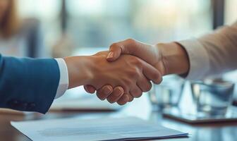 Professional handshake between business partners in a modern office during a meeting photo