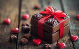 Delicious chocolate gift box with red ribbon and heart-shaped candies on wooden table photo