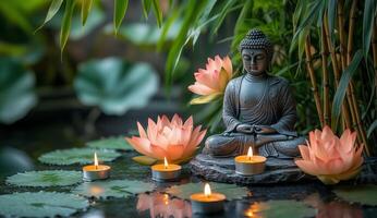 Serenity and peace in a tranquil garden with Buddha and floating lotus flowers photo