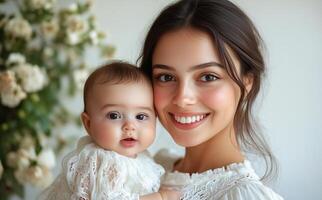 Joyful mother and baby smiling together in a serene indoor setting with flowers photo