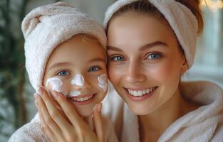 Mother and daughter enjoying a skincare routine together at home in a cozy setting photo