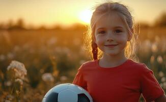 Young girl smiles with a soccer ball during sunset in a field photo