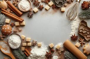 Baking ingredients arranged for holiday treats preparation in a cozy kitchen setting photo
