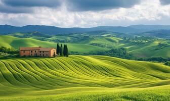 Lush green hills and a farmhouse in the Tuscan countryside under a cloudy sky photo