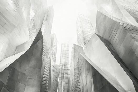 Abstract architectural structures tower upward in a grayscale perspective photo
