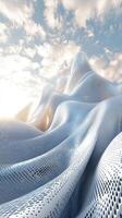 Undulating patterned material forms futuristic mountains under bright sky photo