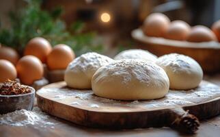 Bread dough rising with ingredients on wooden table in cozy kitchen during morning light photo
