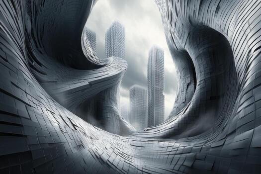Abstract cityscape features monolithic structures in an architectural landscape photo