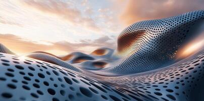 Surreal perforated landscape under a soft cloudy sky at sunset photo