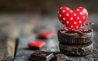 Sweet heart-shaped candies and chocolate cookies on rustic wooden table for celebration photo