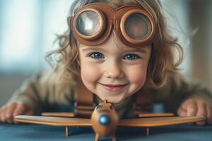 Child with brown goggles smiles while playing with a wooden airplane on a table indoors photo
