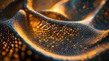 Wavy porous structure with glowing light shining through holes photo