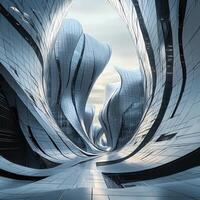 Futuristic city featuring organic flowing architectural designs in silver hues photo