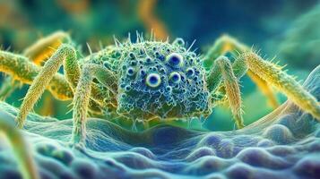 Microscopic organism resembling a spider crawls across organic terrain photo