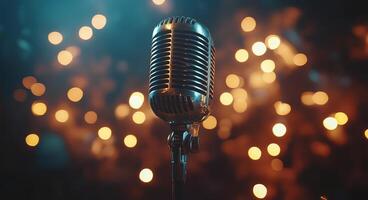 Vintage microphone shining brightly in front of blurred festive lights during a live performance photo