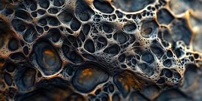 Porous rock structure features interconnected cavities and textured surfaces photo