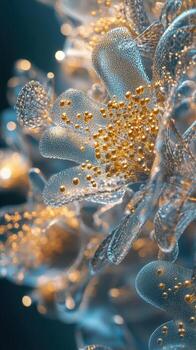 Transparent flower with golden dew drops in a dark background photo