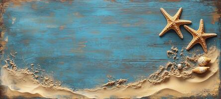 Coastal artwork featuring starfish and seashells on sandy shoreline with blue background photo