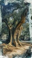 Ancient olive tree with gnarled trunk and exposed roots photo