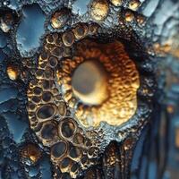 Close up abstract texture featuring gold bubbles and hole photo