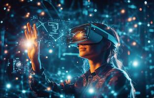 Virtual reality experience with a woman interacting in a digital world at nighttime photo