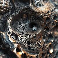 Dark metallic surface is covered in bubbly cratered texture photo
