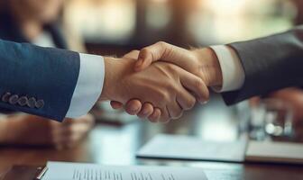 Business professionals shaking hands after a successful negotiation in a modern office setting photo