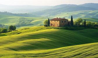 Rolling green hills with a rustic house under a clear sky in a tranquil countryside setting photo