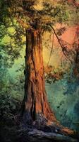 A majestic tree stands tall with textured bark and foliage photo