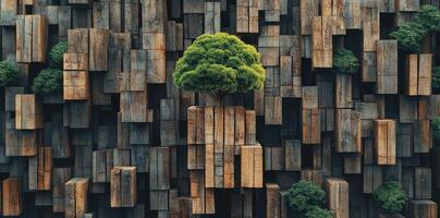Tree sprouts from stacked weathered wooden blocks with surrounding shrubbery photo