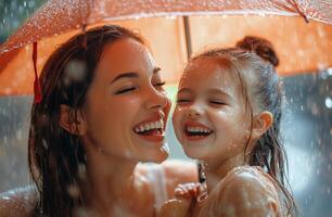 Smiling mother and daughter enjoy a rainy day under a red umbrella in a joyful moment photo
