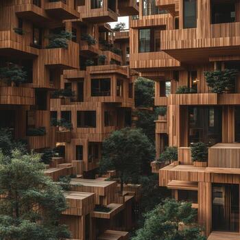 Complex wooden architecture interwoven with natural greenery and open spaces photo
