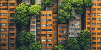 Trees grow amidst dense urban buildings in a cityscape photo