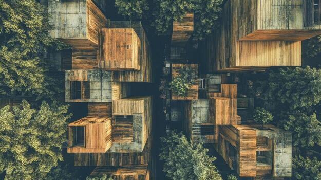 Aerial view of a modern building complex surrounded by trees photo