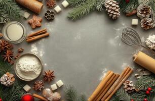 Baking preparation for festive treats surrounded by holiday decorations and natural elements photo