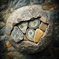 Money and rocks are contained within a hollow boulder photo