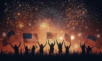 Celebration of independence with fireworks and flag waving in the night sky photo