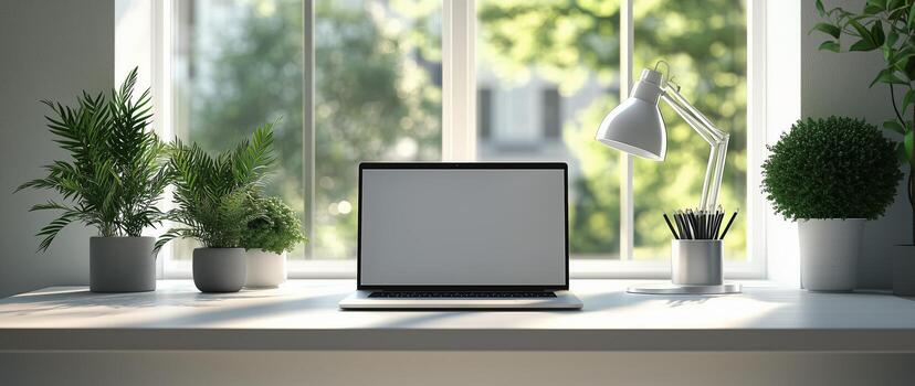 Bright and serene workspace with laptop and greenery in a sunlit room photo