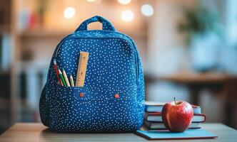 Colorful backpack with school supplies and an apple on a table in a cozy study environment photo