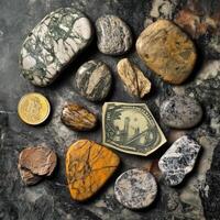 Collection of rocks dollar bill and bitcoin on marble photo