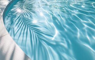 Crystal clear water reflects palm shadows on pool surface during sunny afternoon photo