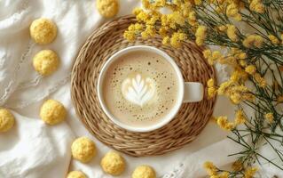 Coffee cup with latte art and yellow flowers surrounded by sweet treats on a cozy white fabric photo