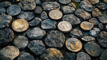 Coins scattered among gray stones create interesting visual texture photo