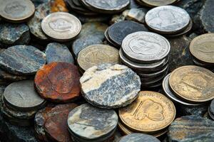Coins and colorful round rocks intermixed in a full frame photo