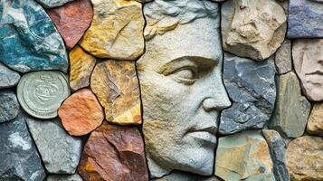 Stone face art with rock wall and coin details photo